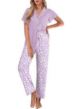 Women Purple Flower Notch Lapel Ruffle Sleeve Button Up with Long Pajamas Set